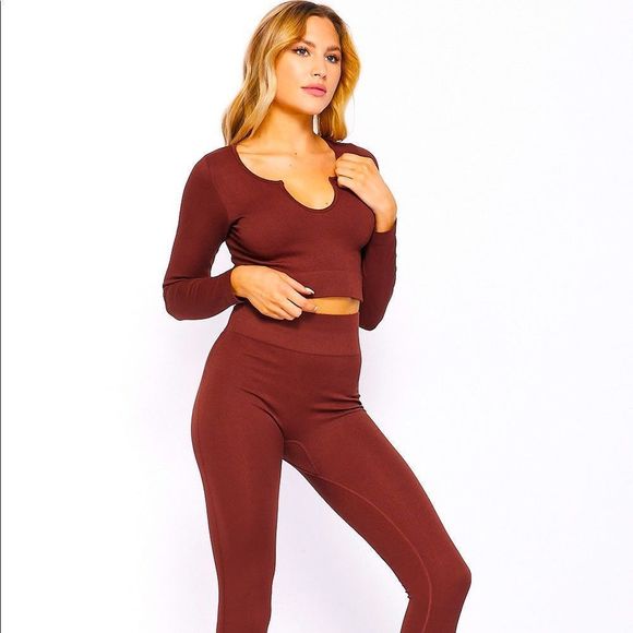 Seamless Rib-Knit Longsleeve Crop Top 2 Piece Set - Picture 2 of 6